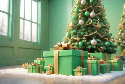 The primary subject of the image is a green Christmas tree, which is the centerpiece of the scene. The tree is adorned with ornaments and presents, creating a festive atmosphere. The setting is a room with a green wall, which complements the color of the tree. The visual style of the image is a combination of photo and digital art, giving it a realistic yet artistic appearance. The colors and mood of the image are predominantly green, which is associated with the holiday season and the Christmas tree
